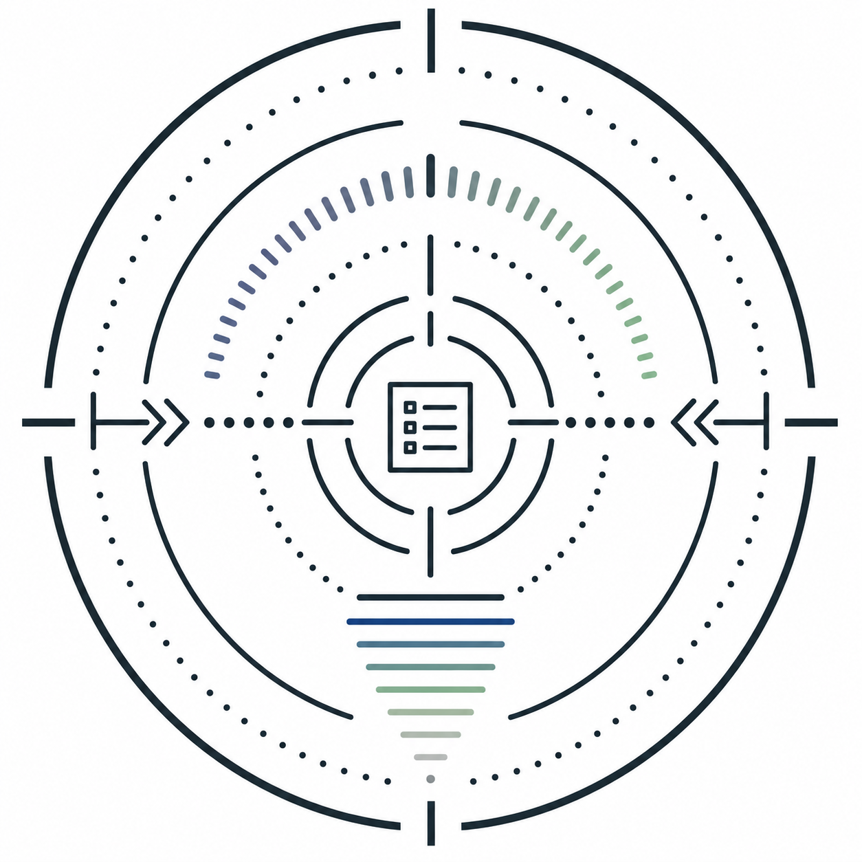 A futuristic, circular radar screen display showing concentric circles, bold markings, and a checklist icon in the center.