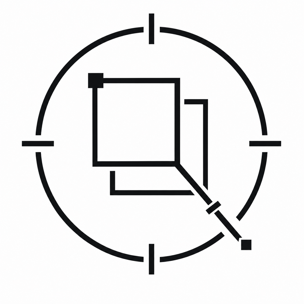 A black and white icon of a clock with a square and overlapping speech bubbles inside, and the clock's second hand pointing to the bottom right.  The official glyph for Emsgnomon.com
