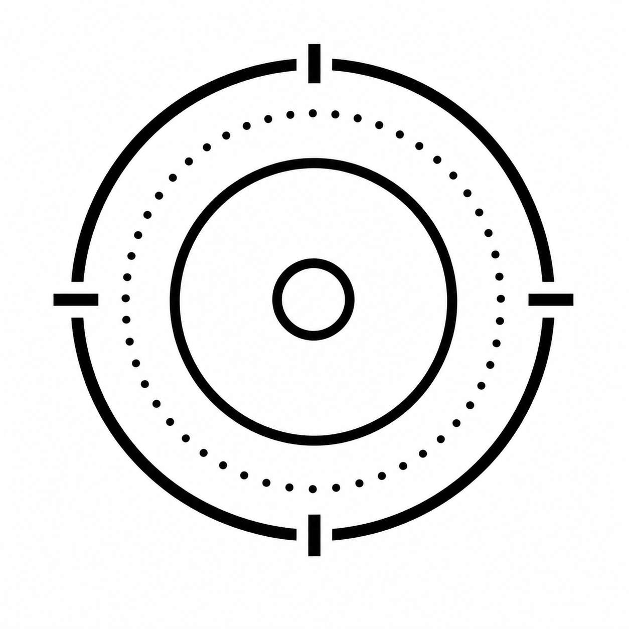 Black and white target shooting reticle with concentric circles and crosshairs