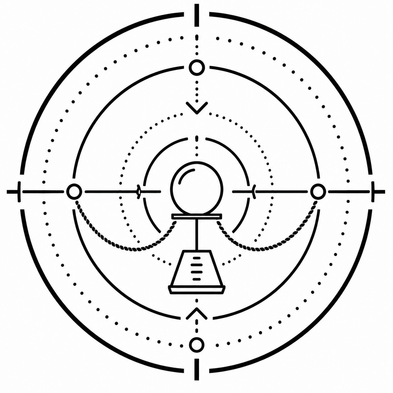 Black and white radar screen showing concentric circles and blips, with horizontal and vertical axes marked with circles and lines.