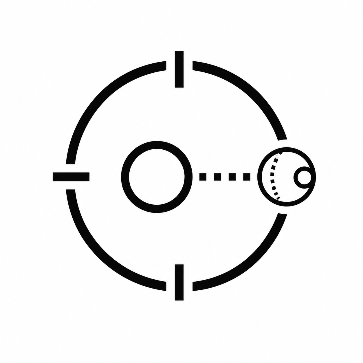A black and white diagram of a targeting scope reticle with a dotted line pointing to the right, featuring a small circle with a dot inside and a larger circle behind it.