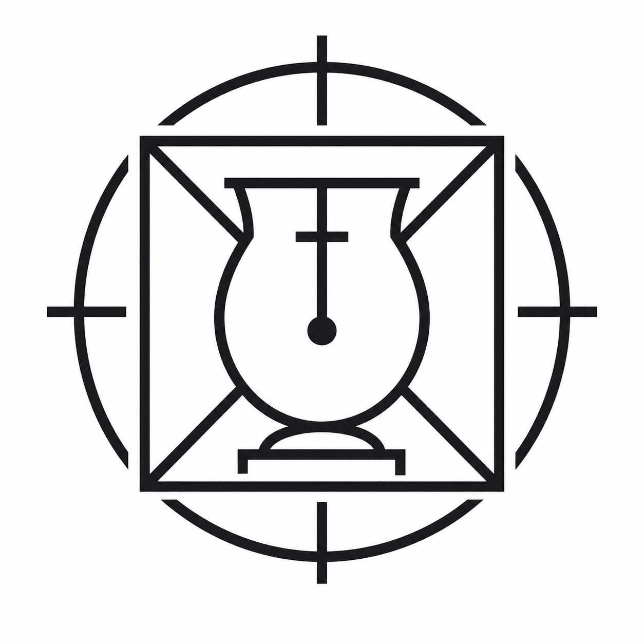 Line drawing of a workshop within a square, placed inside a circle with crosshairs at the top, bottom, left, and right. The clock shows careful production. This is the official glyph of EMSMercantile.com