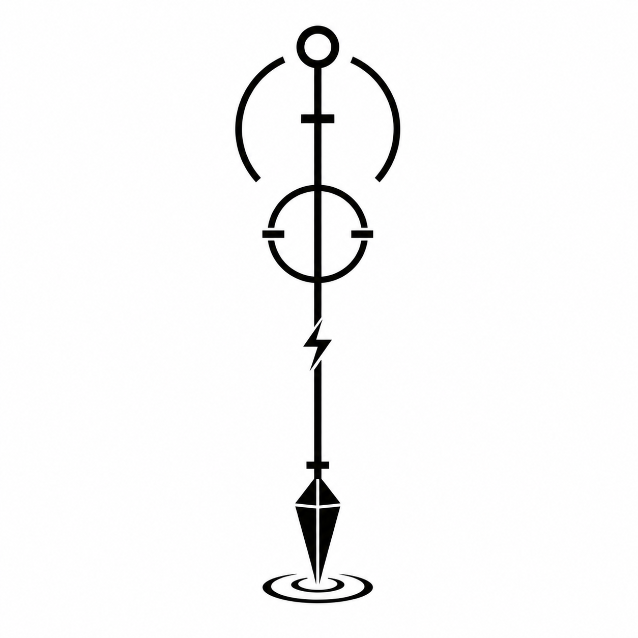 Black tattoo-style design with geometric shapes, a lightning bolt, and a water ripple at the bottom.