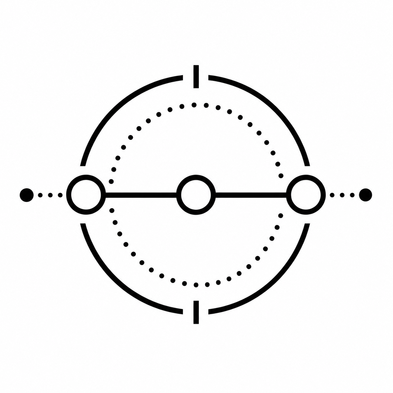 A black and white infographic of a timeline with three circles connected by a straight line, overlaid by a semi-circular arrow, and marked with dotted lines on either side.