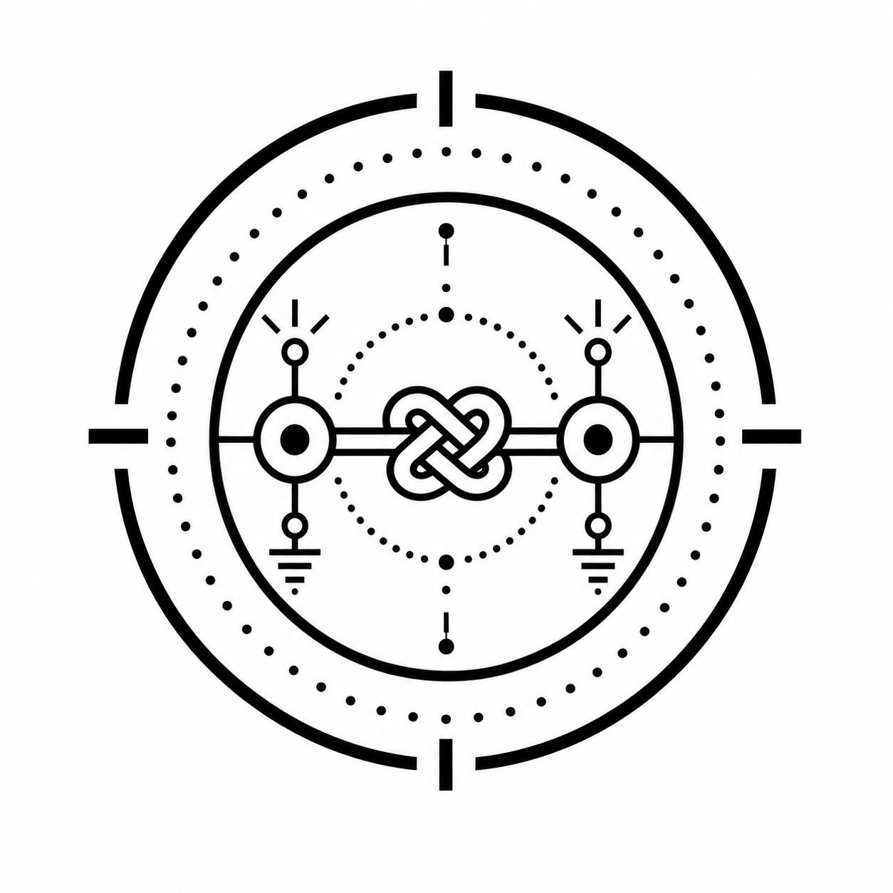 Black and white illustration of a geometric, symmetrical design resembling a clock or compass with interconnected shapes and lines.