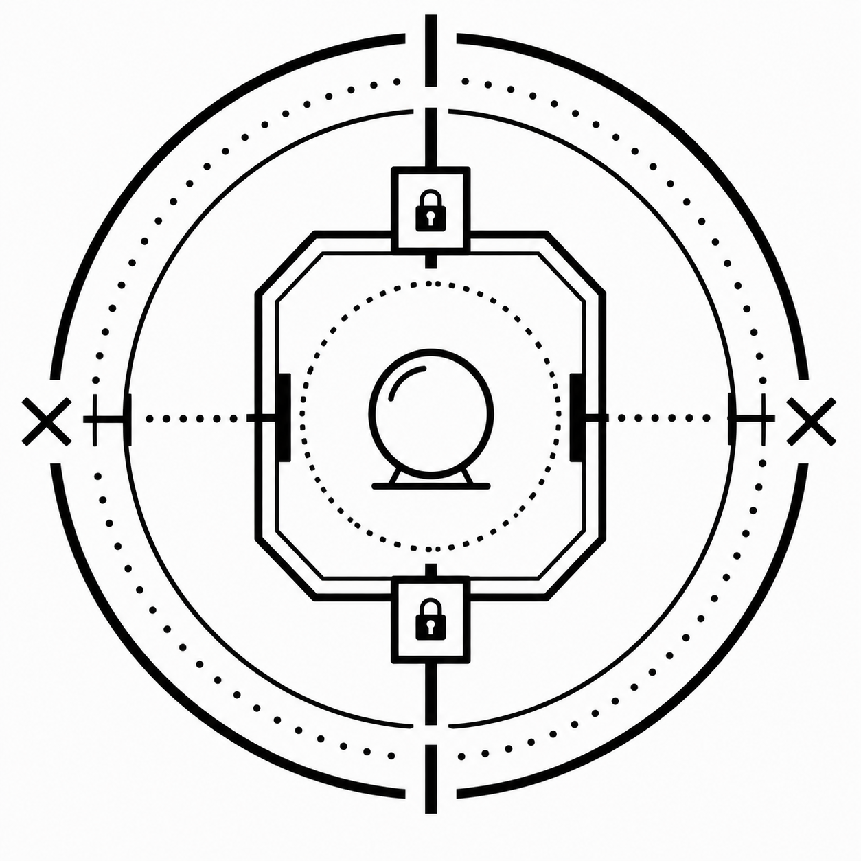 A black and white digital line drawing of a radar screen with a central circular radar dish, surrounded by octagonal structure, lock icons at top and bottom, and lock symbols on the left and right sides, with concentric circles and crosshair lines.
