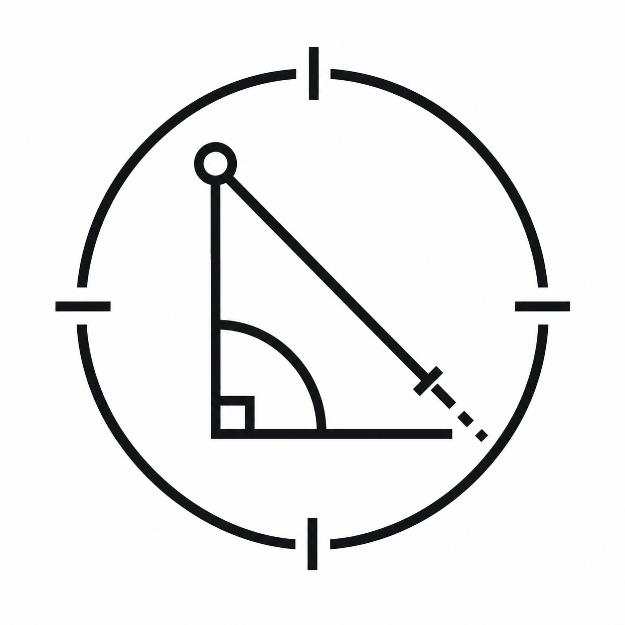 A black and white clock with a quarter circle indicator and a diagonal line crossing the clock face, along with a small quarter circle and a straight line inside the clock.  Official glyph for emssombra.com