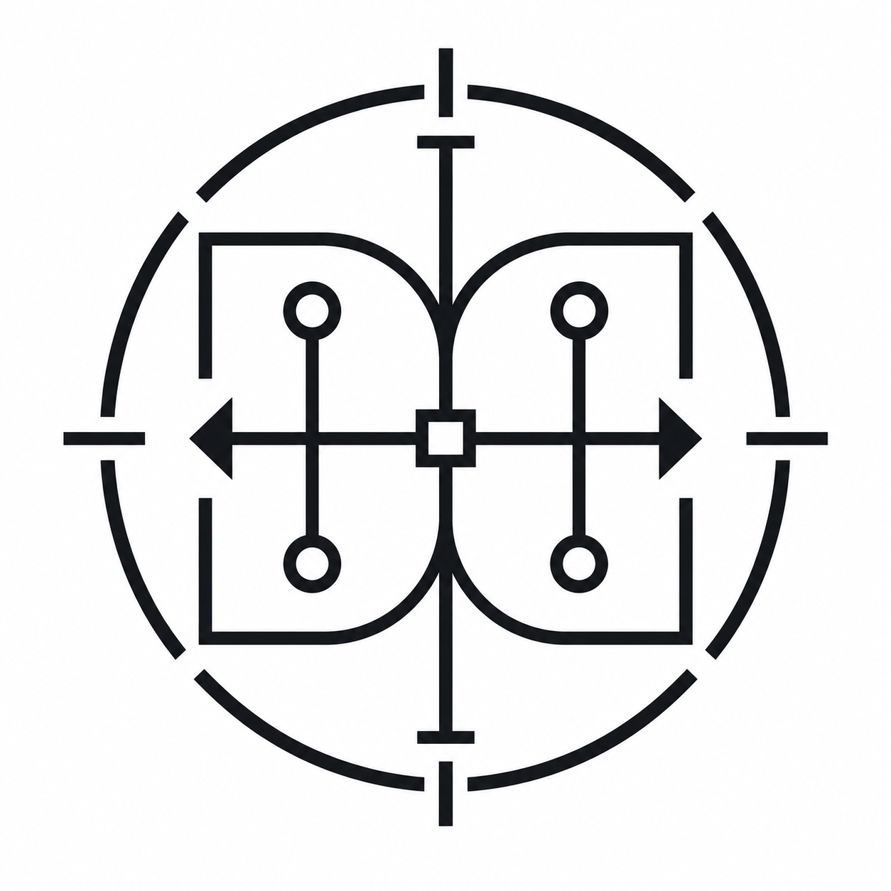 A black and white graphic of a world with two mirrored mercantile realities that exchange between the real and digital world and each independently. The official glyph for EMSMercantile.
com