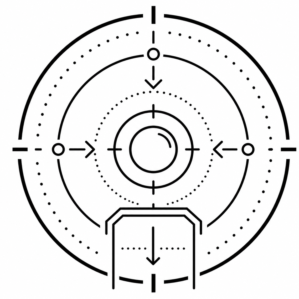 Gate open. A black and white diagram of a circle, showing a gate downwards.