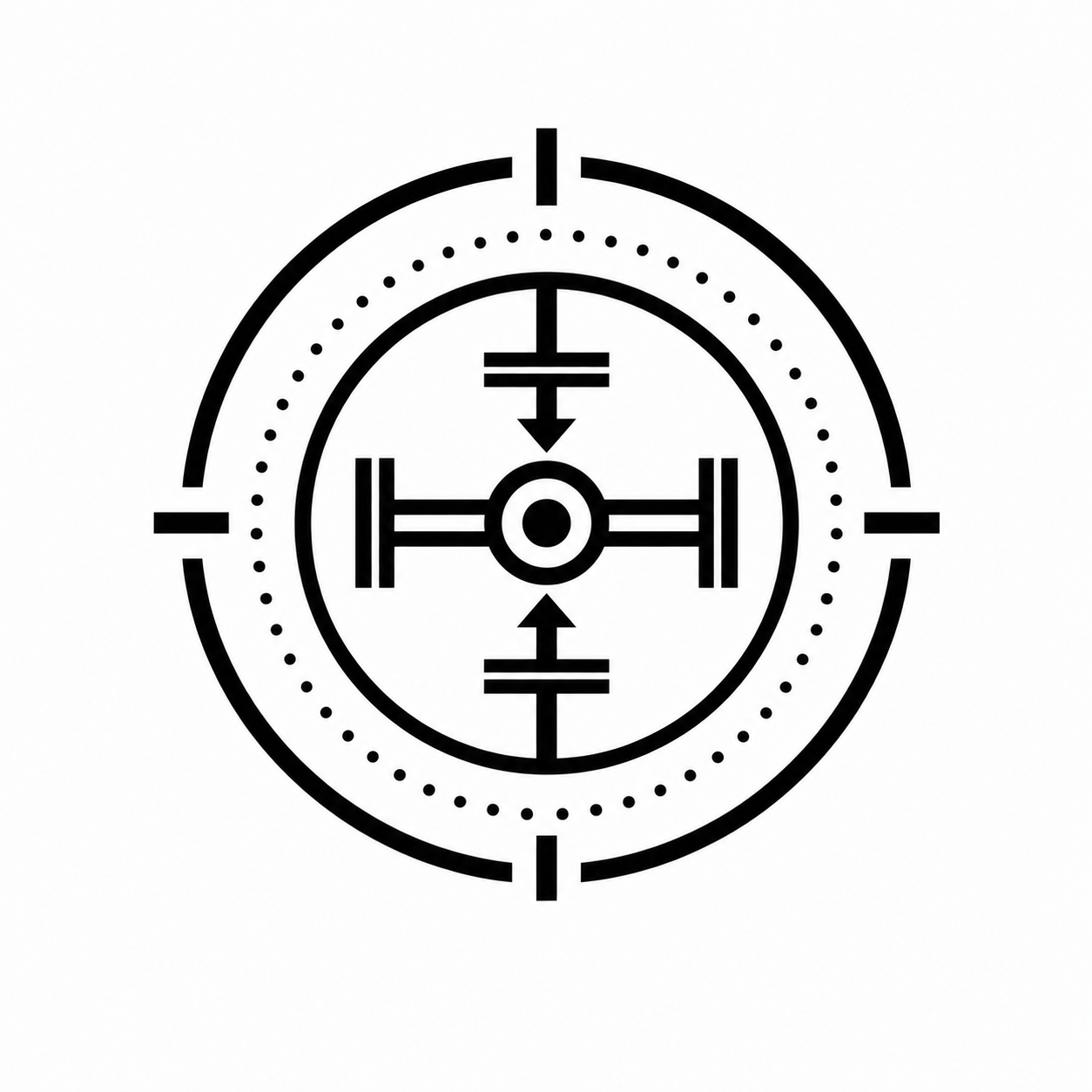 Black and white target-style crosshair with concentric circles and lines, resembling a military or sniper scope reticle.