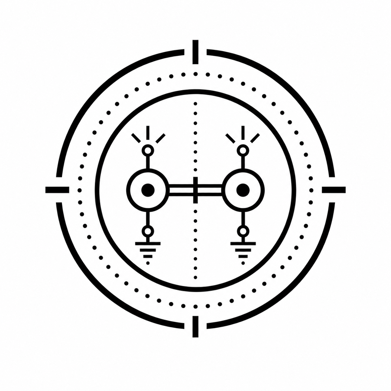 A schematic diagram of an electronic circuit with two transistors, resistors, capacitors, and ground connections inside a circular boundary.