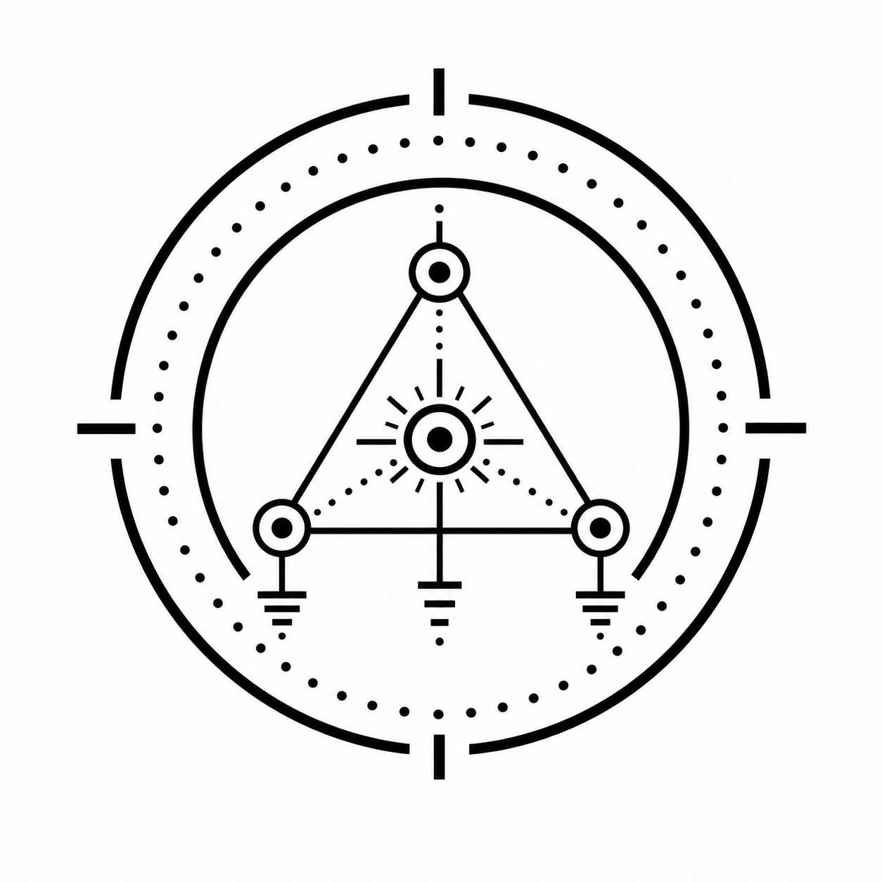 Line drawing of a circular electronic circuit diagram featuring a central triangle with three points connected by lines, surrounded by concentric circles with various markings and symbols.