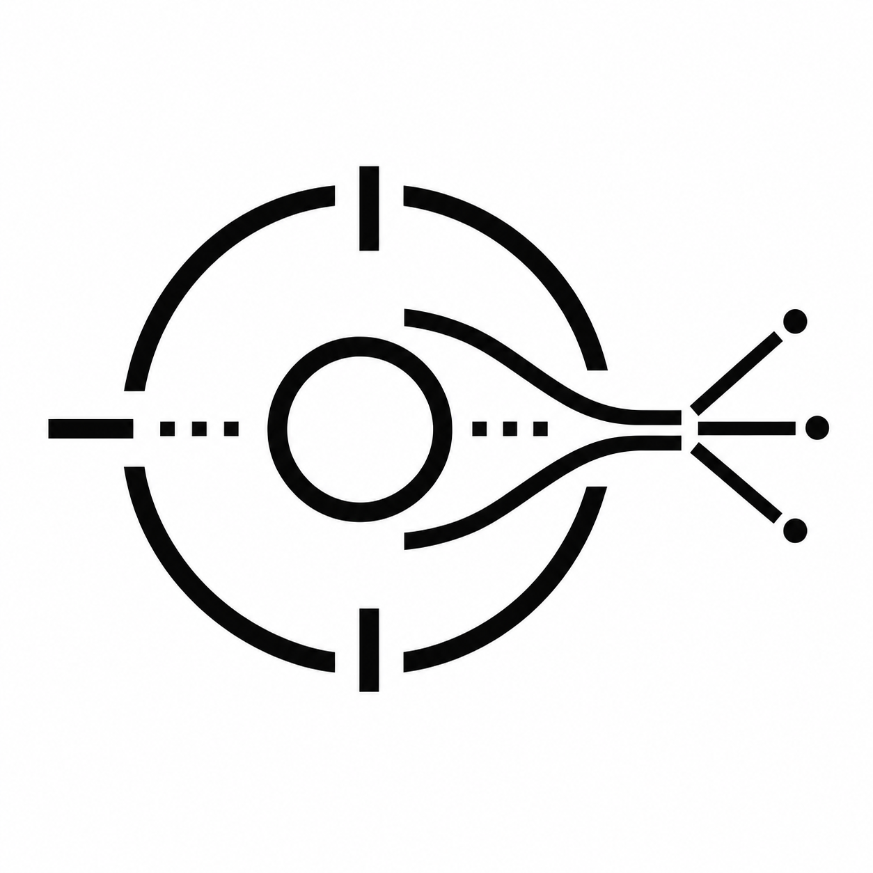 Scientific diagram showing a particle collider with trajectories and collision points, represented with black lines and circles.