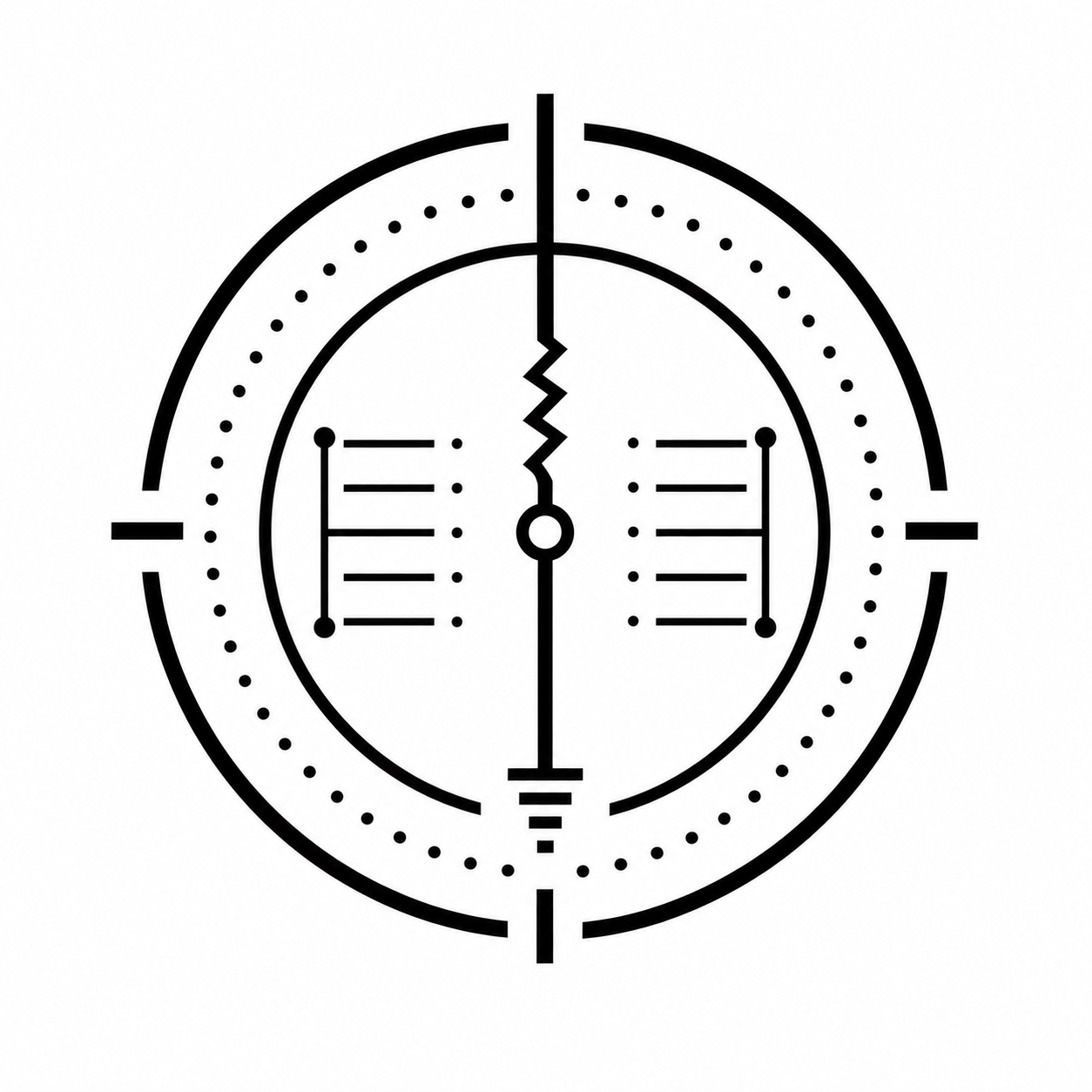 A simplified black and white illustration of a soccer or football goal with a circle around it, two goalposts with corner markings, and a net pattern inside.