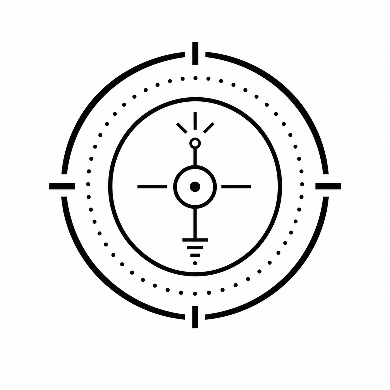Line drawing of a sight reticle with outer circle, crosshairs, and central circle, resembling a sniper scope or targeting sight.