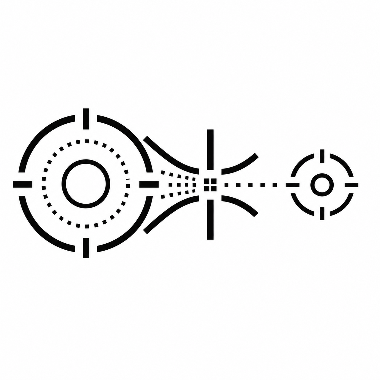 A black and white abstract geometric pattern with concentric circles, lines, and dotted elements, connected by curved and straight lines.