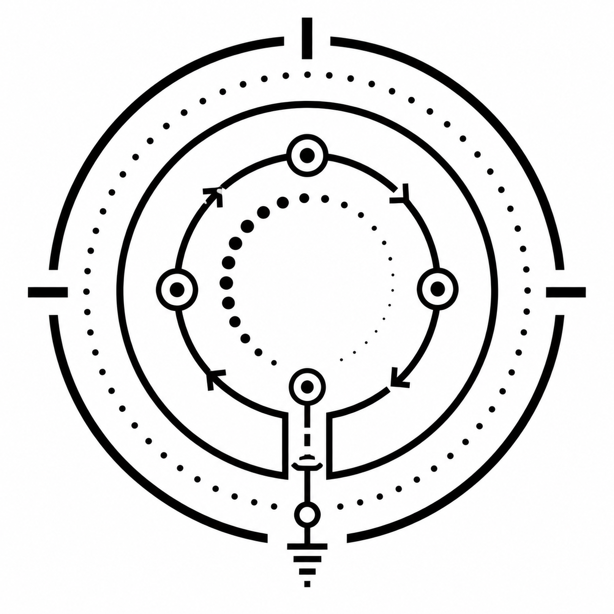 Black and white schematic diagram of an atomic structure with circular orbits, electrons shown as small circles, and arrows indicating movement, surrounded by concentric circles with marks.