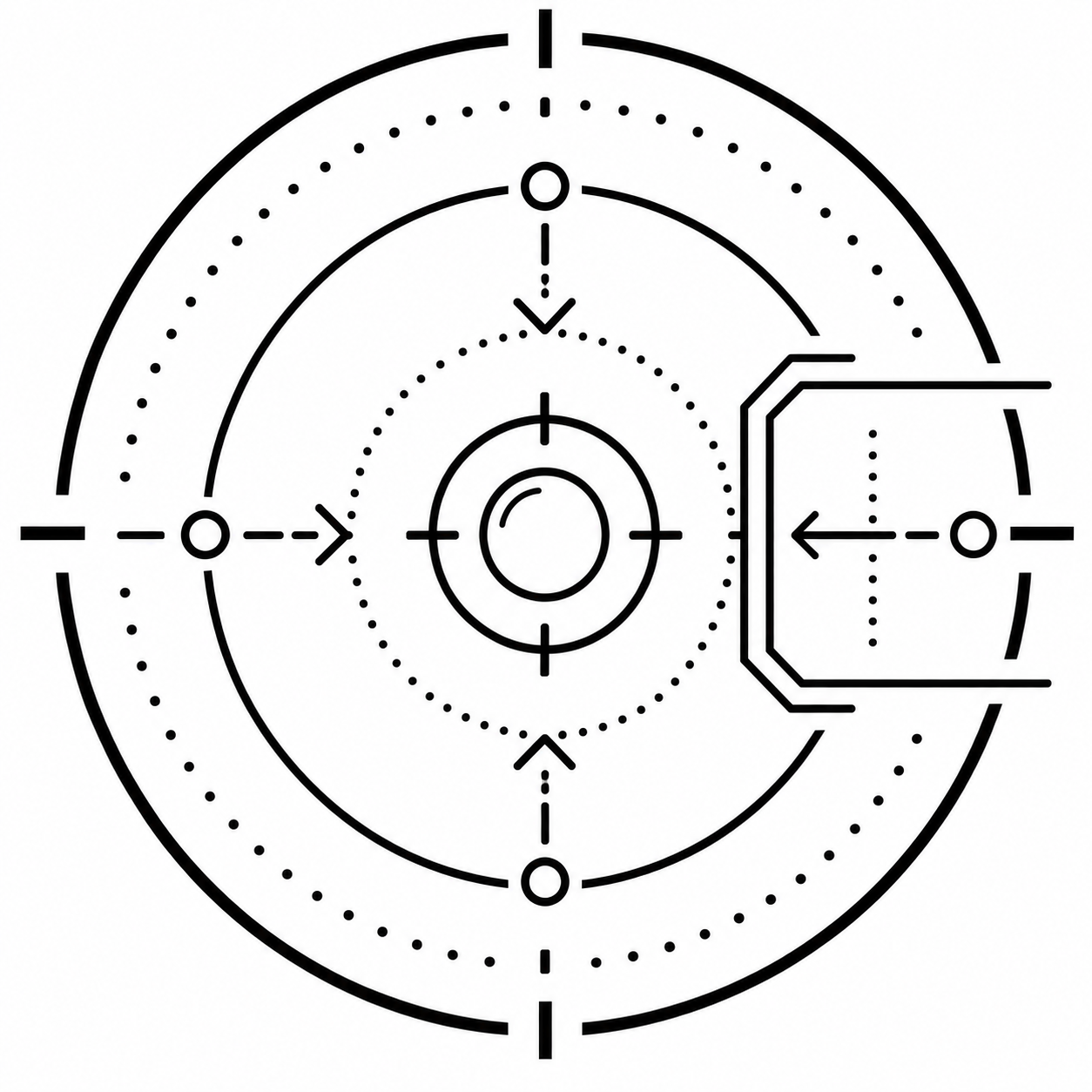 A technical diagram of a radar screen with concentric circles, crosshairs at the center, and an angular structure on the right side.