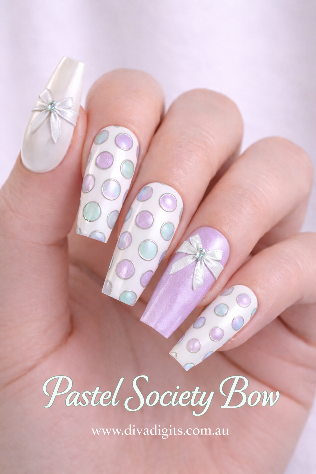 Pastel Society Bow | Mint & Lilac Nail Decals & 20 Set Gel Press-On Nails