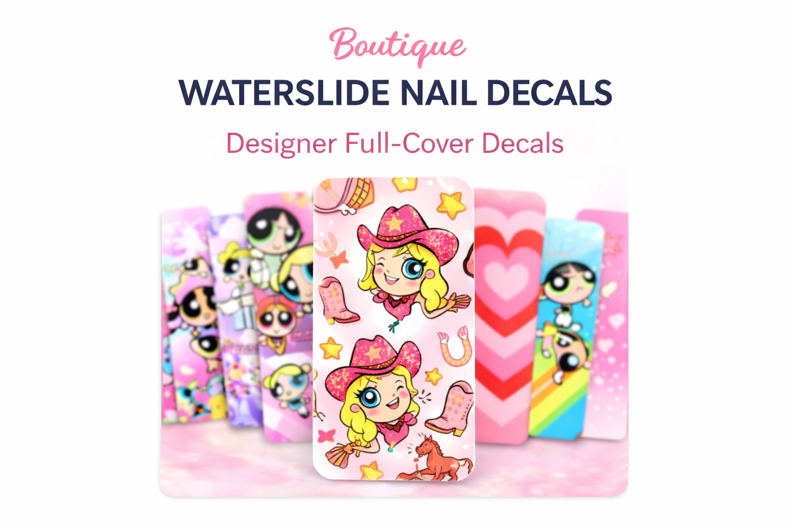 Display of colorful nail decals featuring characters and elements from the Powerpuff Girls, with a central focus on a pink decal sheet showing Blossoms in cowboy hats and boots, surrounded by other character-themed decals and heart patterns.