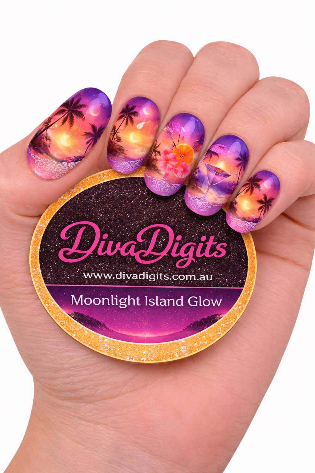 Moonlight Island Glow – Tropical Sunset Full Nail Waterslide Decals & Gel Press-On Nails | Diva Digits