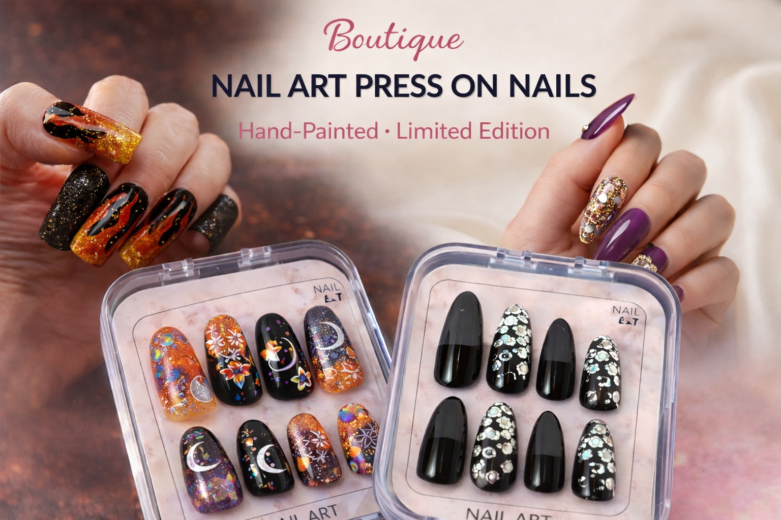 Display of two sets of handcrafted nail art press-on nails with different designs, one set featuring colorful celestial and floral themes on black backgrounds, and the other set showcasing elegant black nails with white floral patterns.