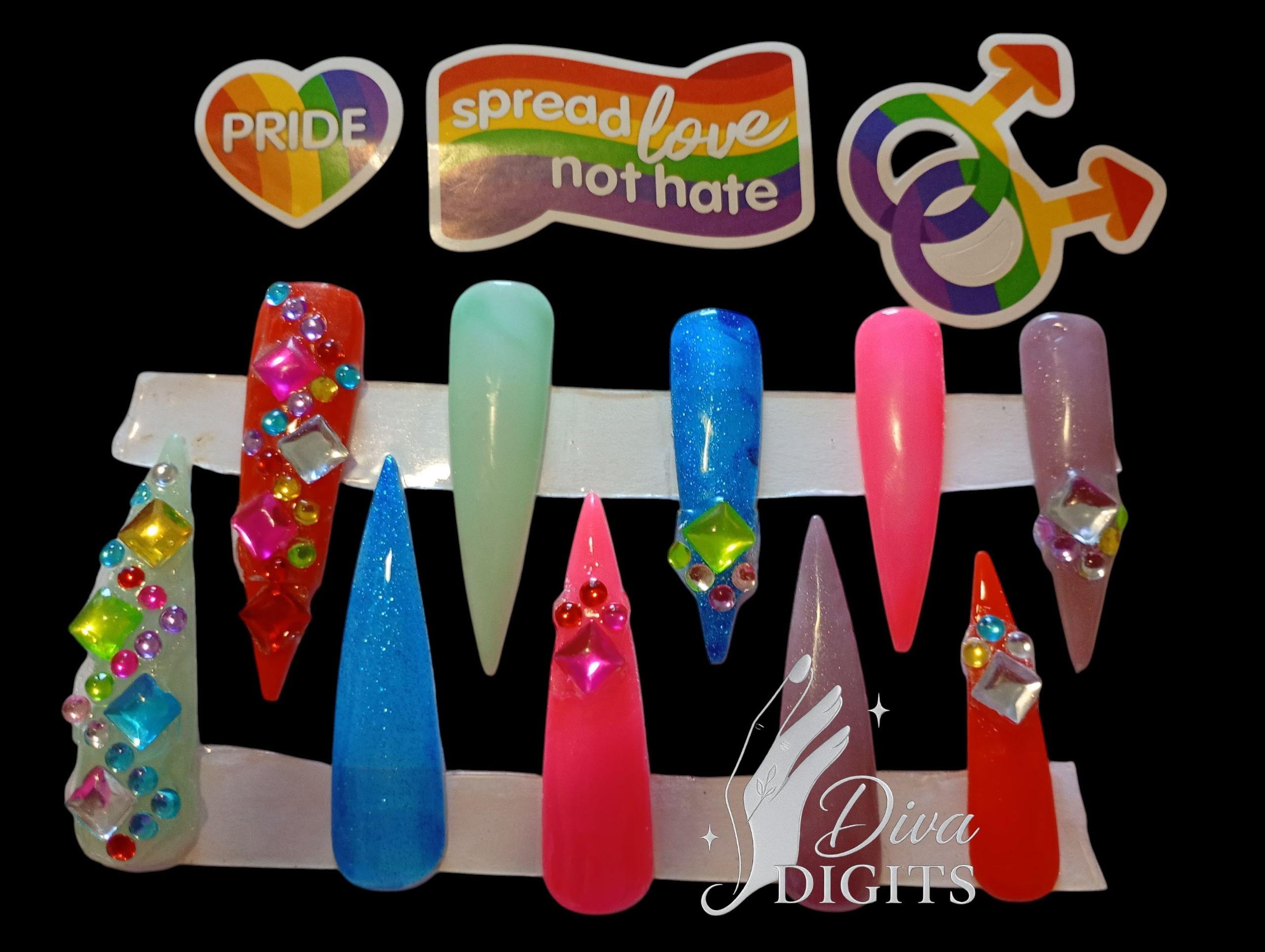 Rainbow Pride Stiletto Press On Nails: Hand Painted Gel, Rhinestone Diva