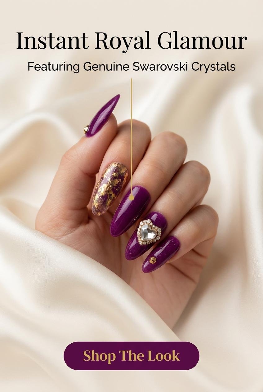 Royal Diva Press On Nails: Deep Purple Almond, Swarovski Crystal, Hand-Painted
