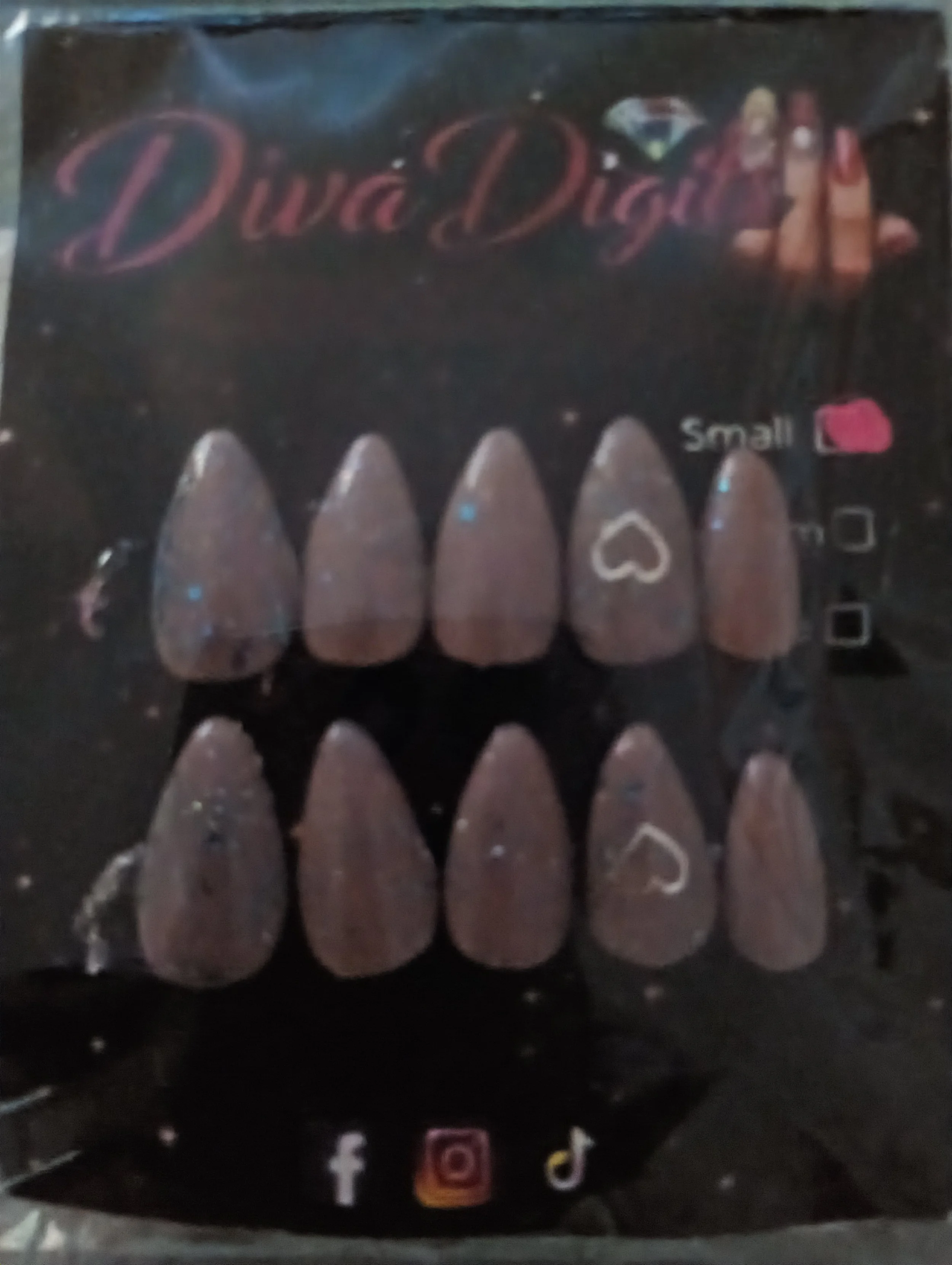 10 Set Gel Reusable Press On Nails Nude blue glitter silver heart size S Almond Reg