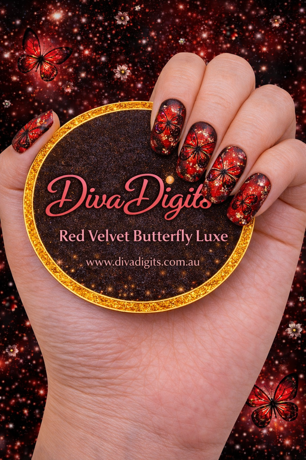 Red Velvet Butterfly Luxe – Full Nail Waterslide Decals / Wraps & Gel Press-On Nails