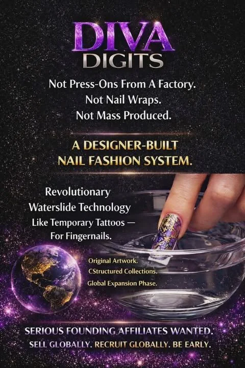 Advertisement for Diva Digits nail fashion system, featuring a hand with decorated fingernails above a glass bowl, with a space and earth theme background.