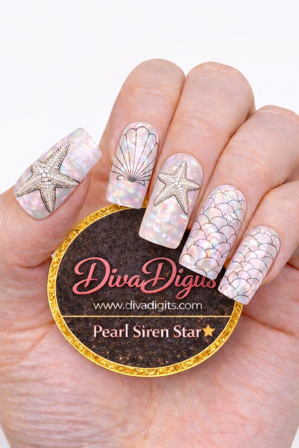 Pearl Siren Star – Full Nail Waterslide Decals / Wraps or Gel Press-On Nails