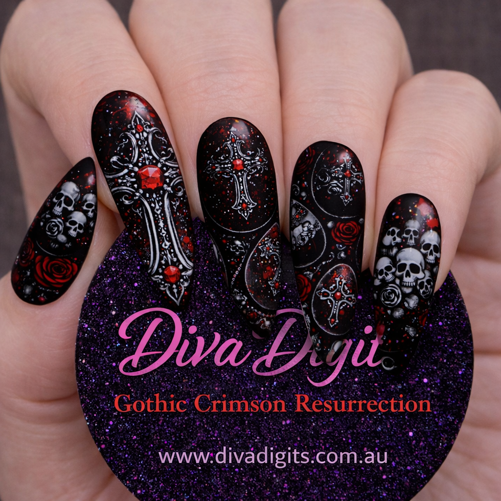 Gothic Crimson Resurrection | Gothic Easter Couture Nails | Waterslide Decals or 20-Set Gel Press-On Nails