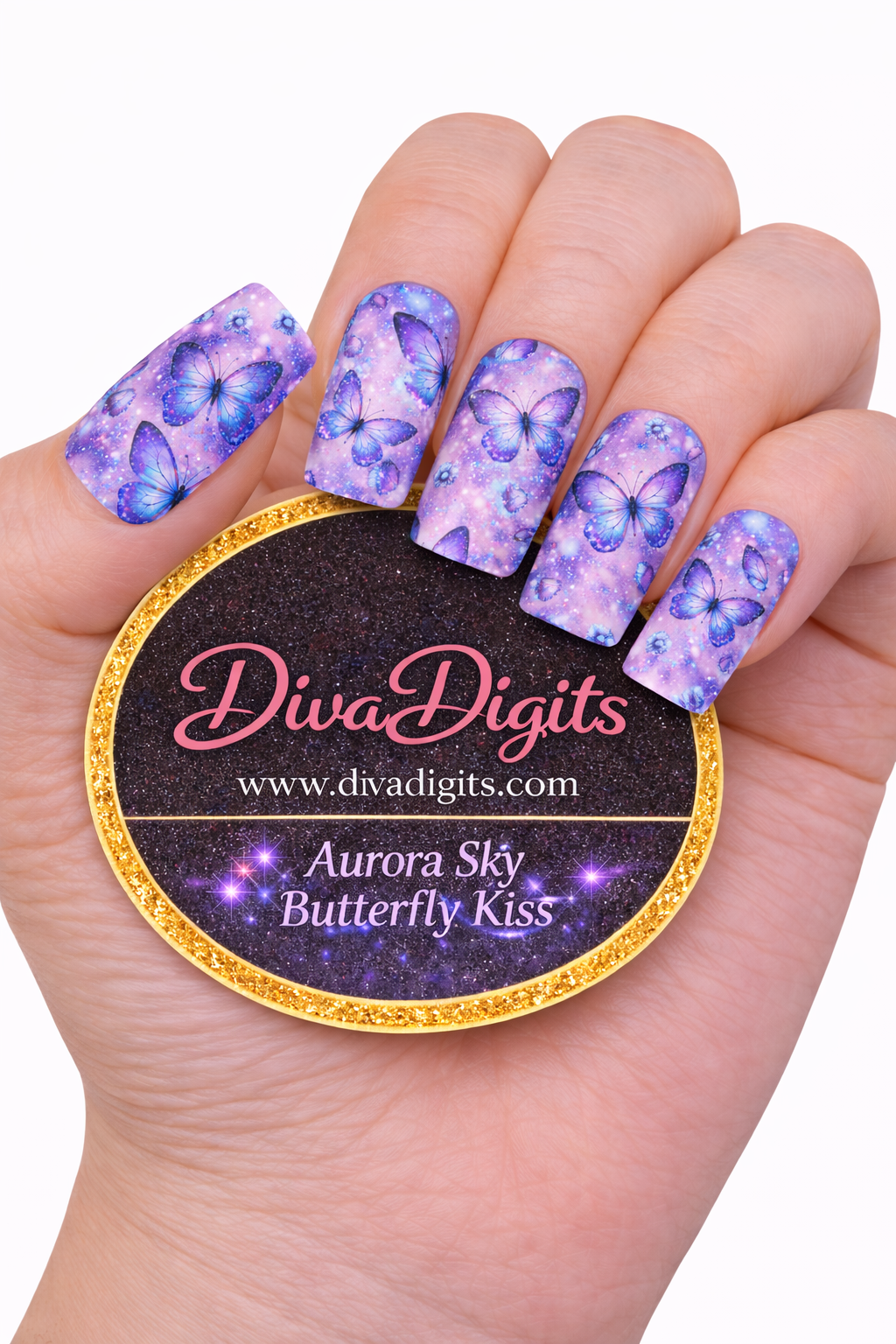 Aurora Sky Butterfly Kiss  Diva Digits Boutique Full Nail Waterslide Decals & Gel Press-On Nails