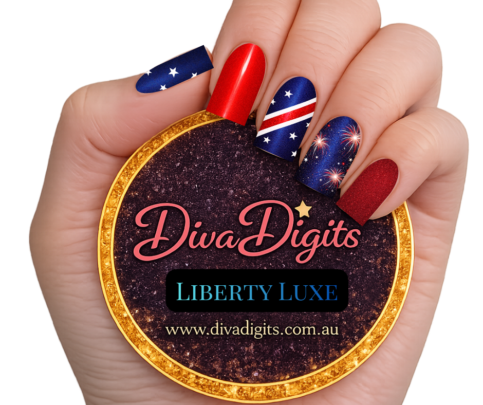 Liberty Luxe – Patriotic Full Nail Waterslide Decals or 20-Piece Gel Press-On Nails | Diva Digits