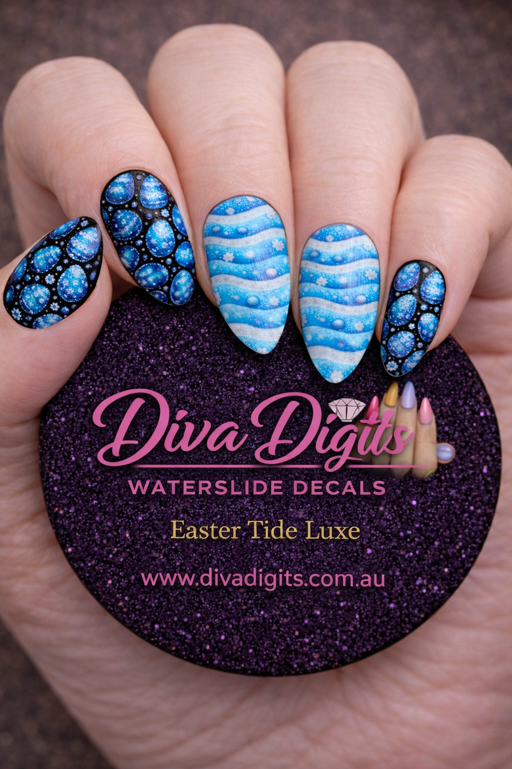 Easter Tide Luxe™ | Metallic Blue & Silver Easter Nail Art | Full Nail Waterslide Decals or Gel Press-On Nails | Diva Digits