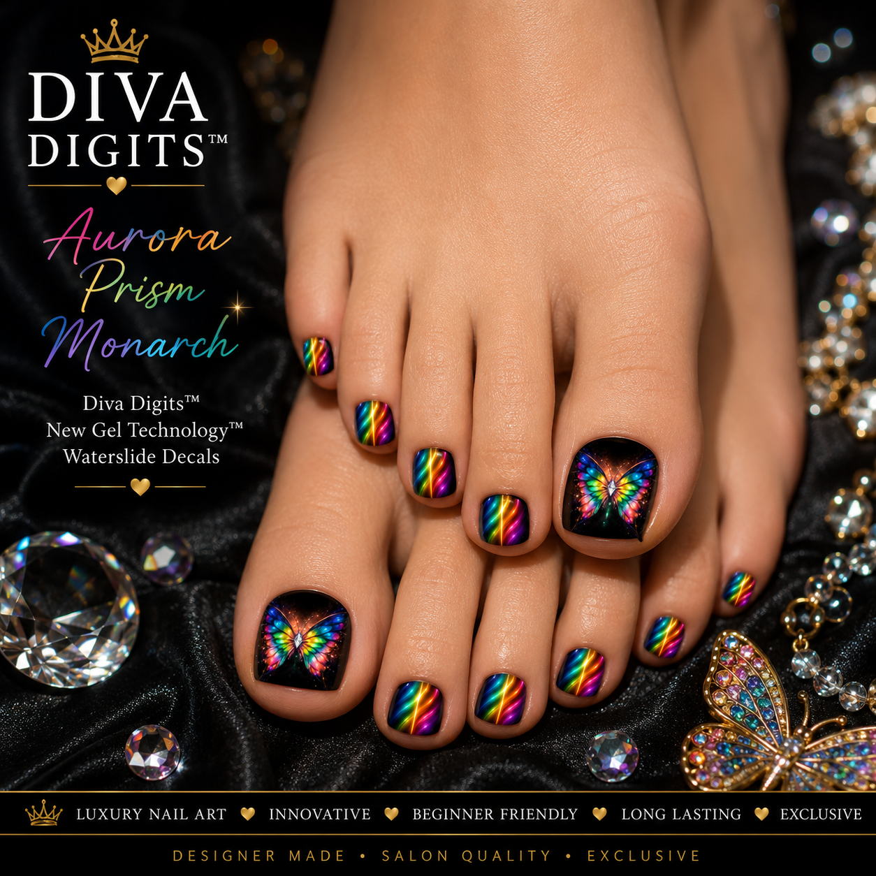 Aurora Prism Monarch – Diva Digits™ New Gel Technology™ Toenail Waterslide Decals – 22 Designer Decals + Complimentary Gel Glue Tabs