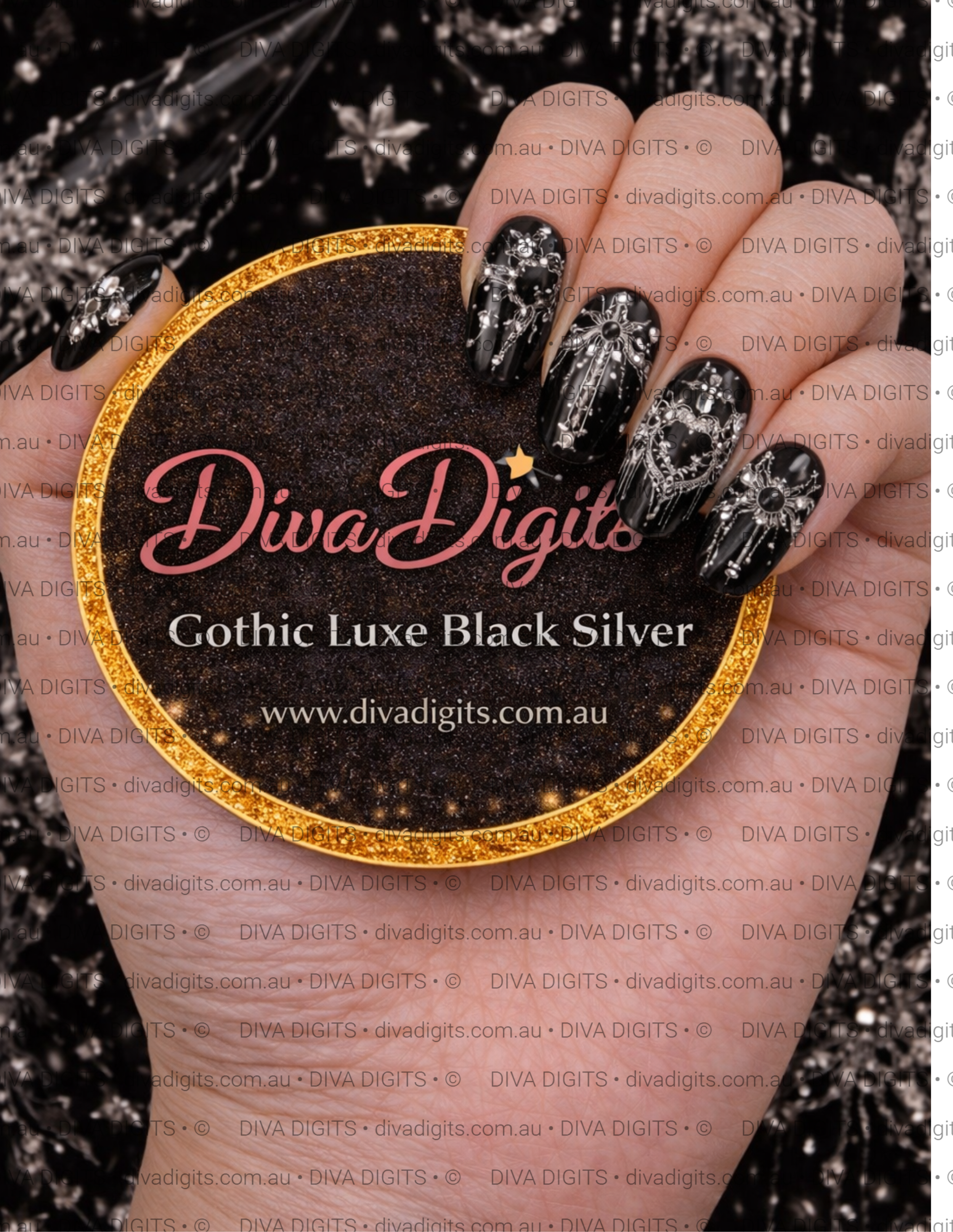 Gothic Luxe Black Silver – Full Nail Waterslide Decals | Diva Digits