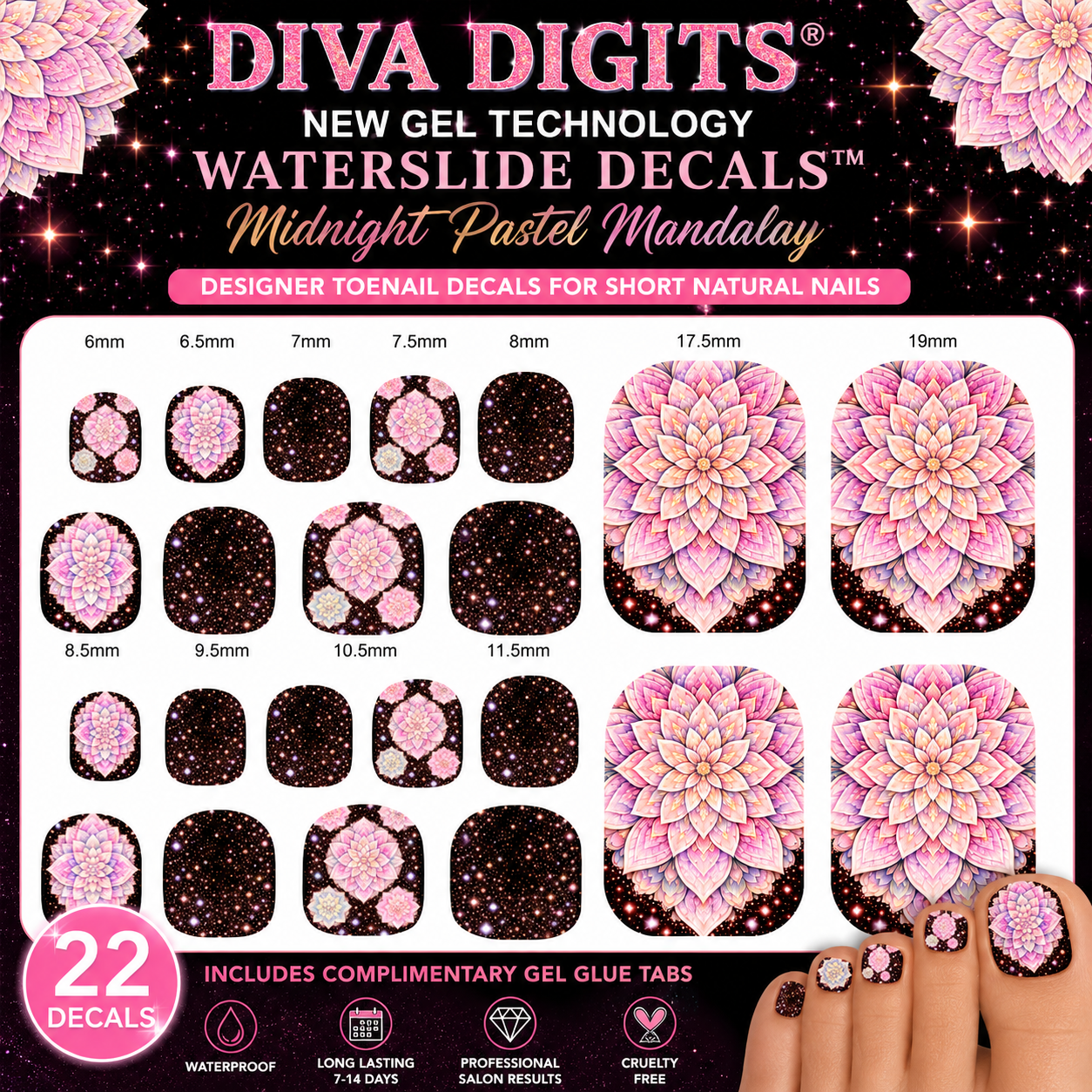 Diva Digits New Gel Technology Toenail Waterslide Decals™ – Midnight Pastel Mandalay