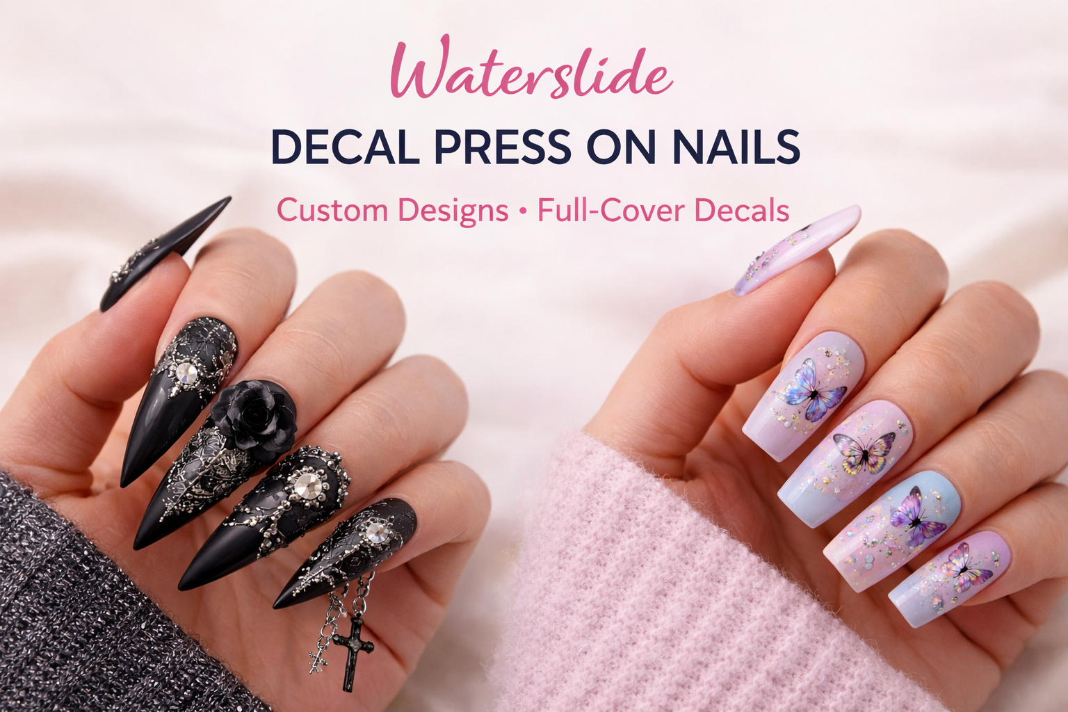 Close-up of two hands showing decorated nails. The left hand has black, gothic-style nails with intricate silver designs and 3D flowers. The right hand has pastel-colored nails with butterfly and glitter designs.