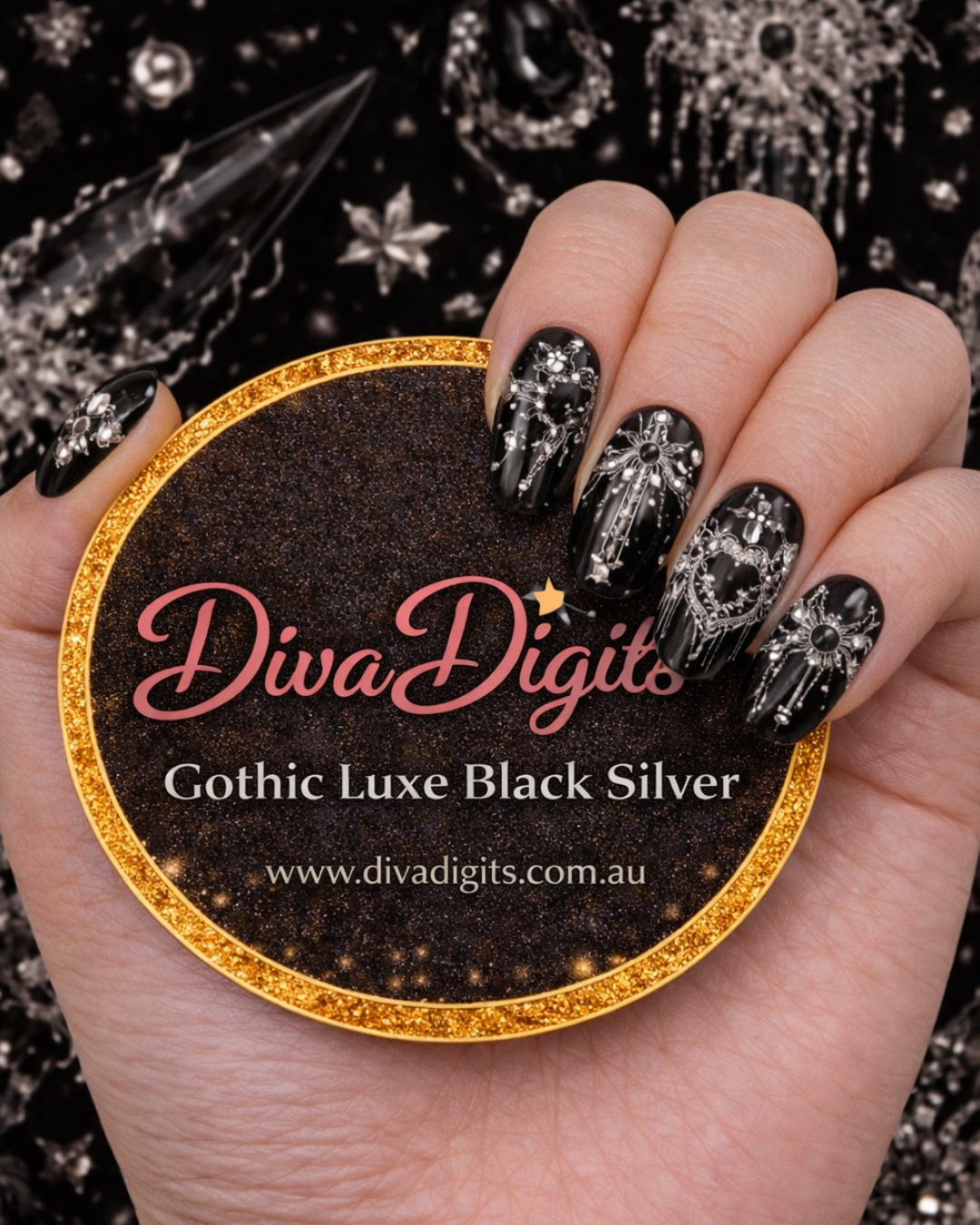 Gothic Luxe Black Silver – Nail Decals & 20 Set Gel Press-On Nails