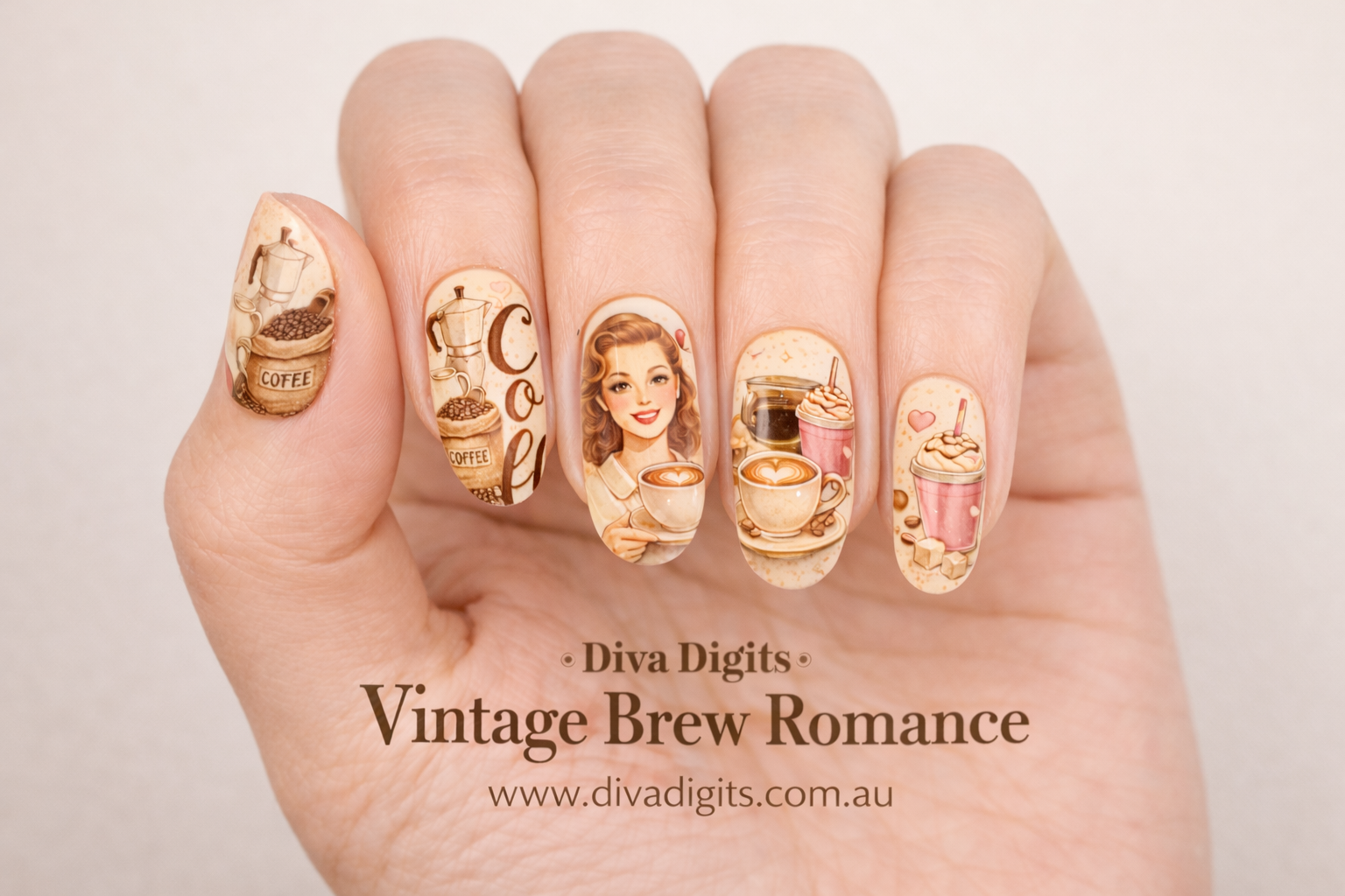Vintage Brew Romance – Coffee-Inspired Nail Decals & 20 Set Gel Press-On Nails