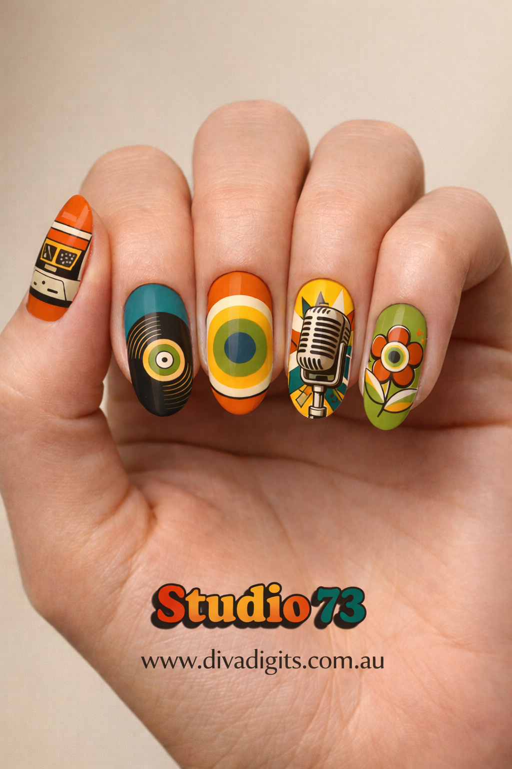 Studio 73 – 70s Retro Music Pop Art | Full Nail Waterslide Decals & Gel Press-On Nails