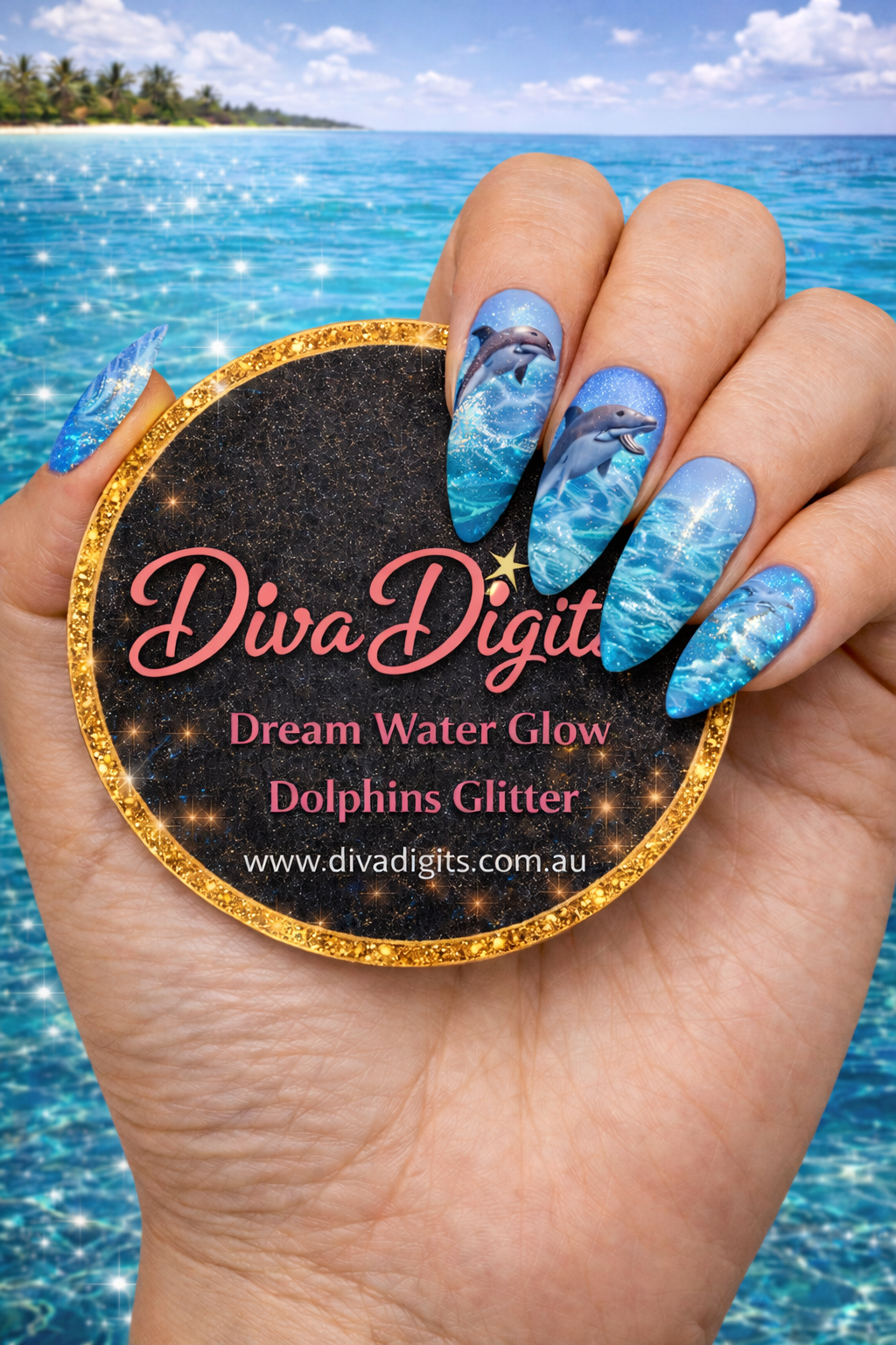 Dream Water Glow Dolphins Glitter Ocean Blue Green Waterslide Full Nail Decals Diva Digits