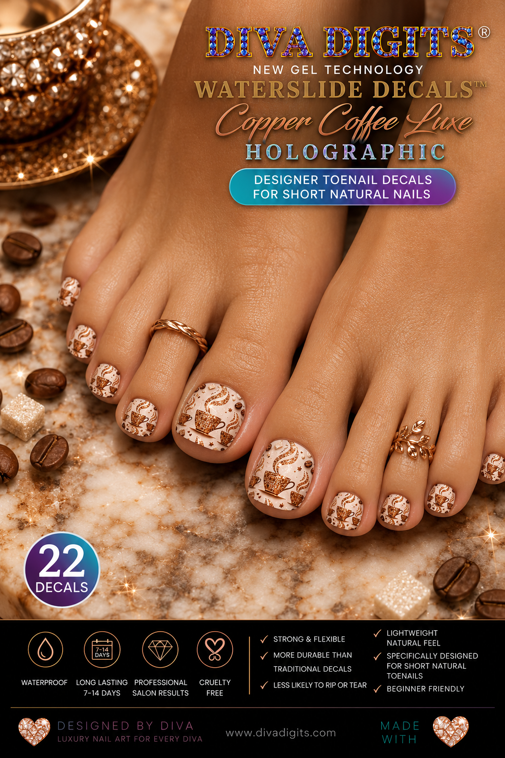 Diva Digits New Gel Technology Toenail Waterslide Decals™ – Copper Coffee Luxe Holographic