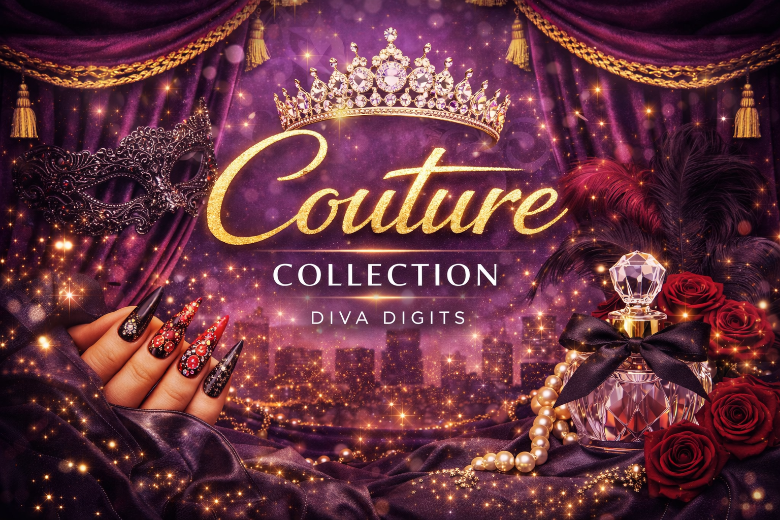 A promotional image for Couture Collection by Diva Digits, featuring a purple curtain backdrop, a jewelry crown, a masquerade mask, a perfume bottle with a black bow, red roses, pearls, and detailed, decorated nails, with sparkling lights and cityscape in the background.