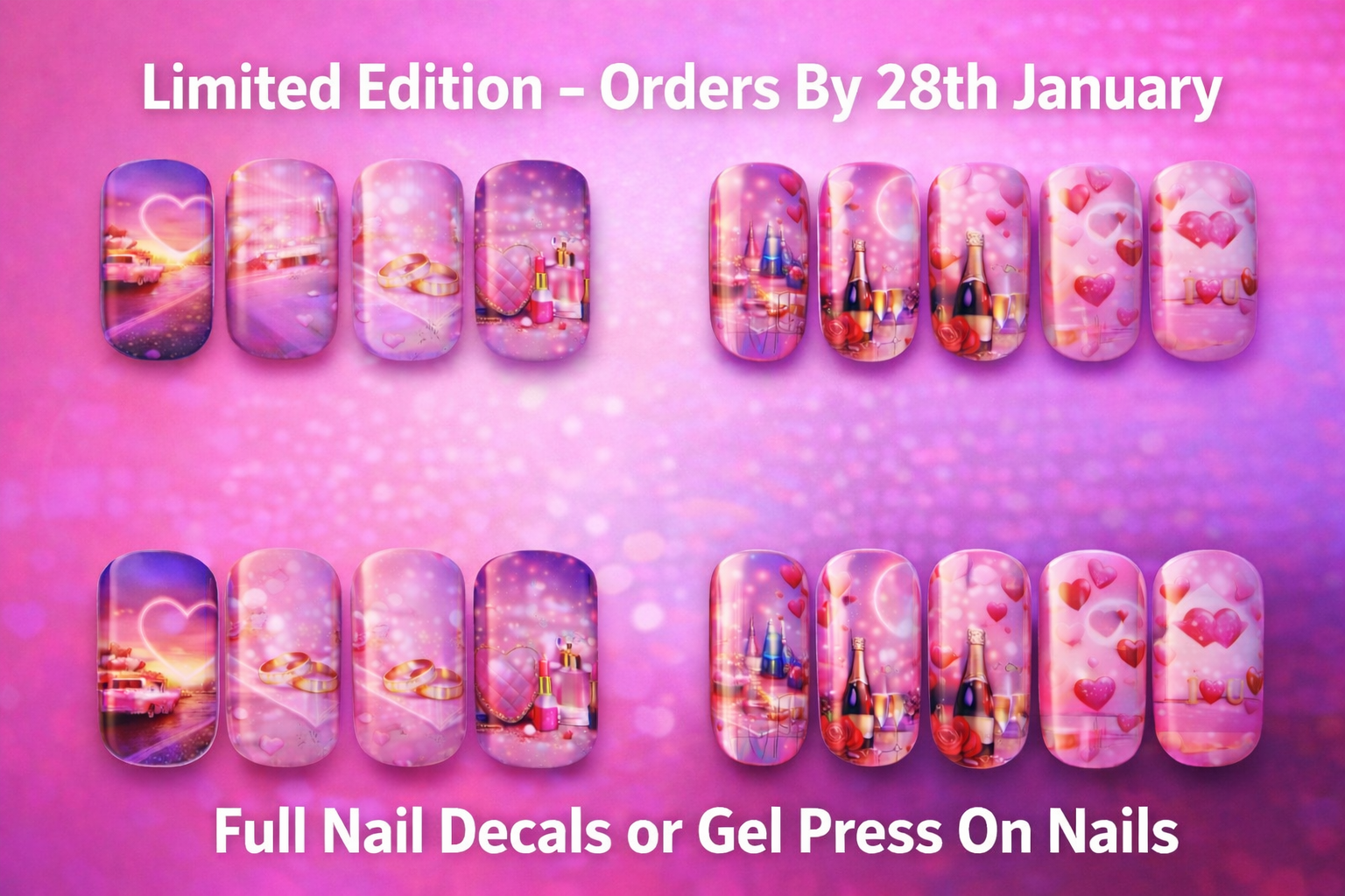 Neon Love Romance – Valentine’s Full Nail Waterslide Decals & Gel Press-On Nails | Diva Digits
