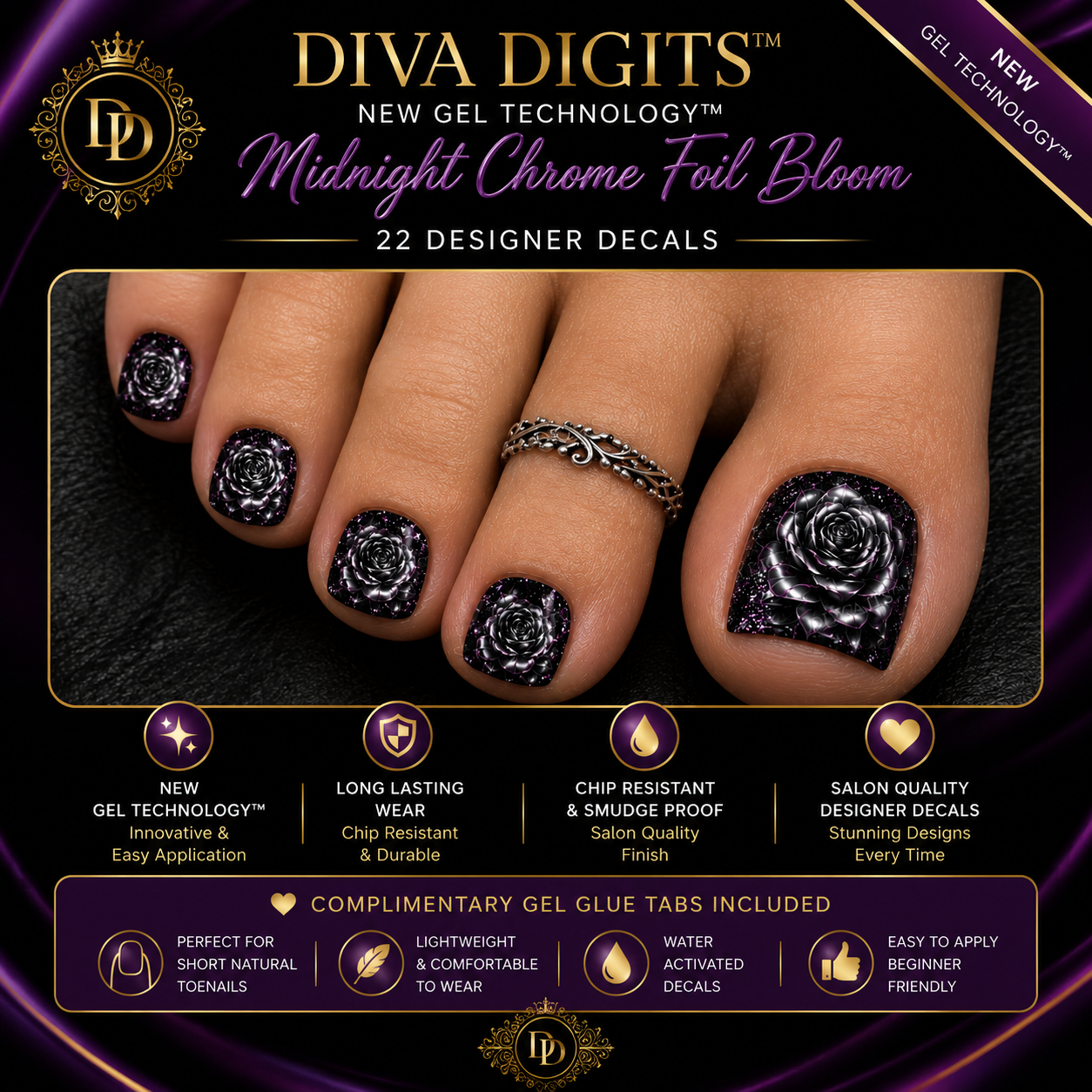 Midnight Chrome Foil Bloom – Diva Digits™ New Gel Technology™ Toenail Waterslide Decals – 22 Designer Decals