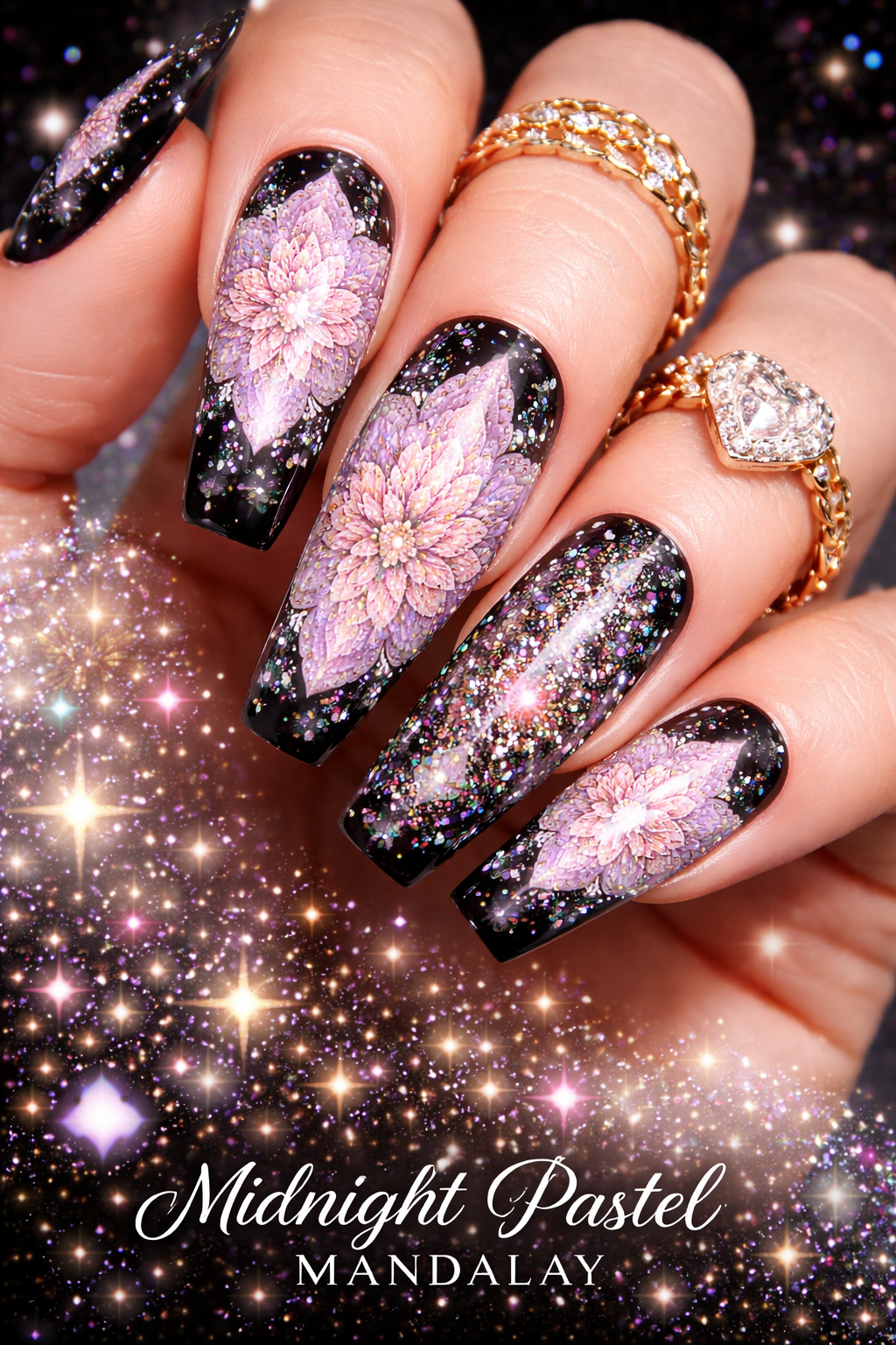 Midnight Pastel Mandalay – Signature Full Nail Waterslide Decals or 20-Piece Gel Press-On Nails | Diva Digits