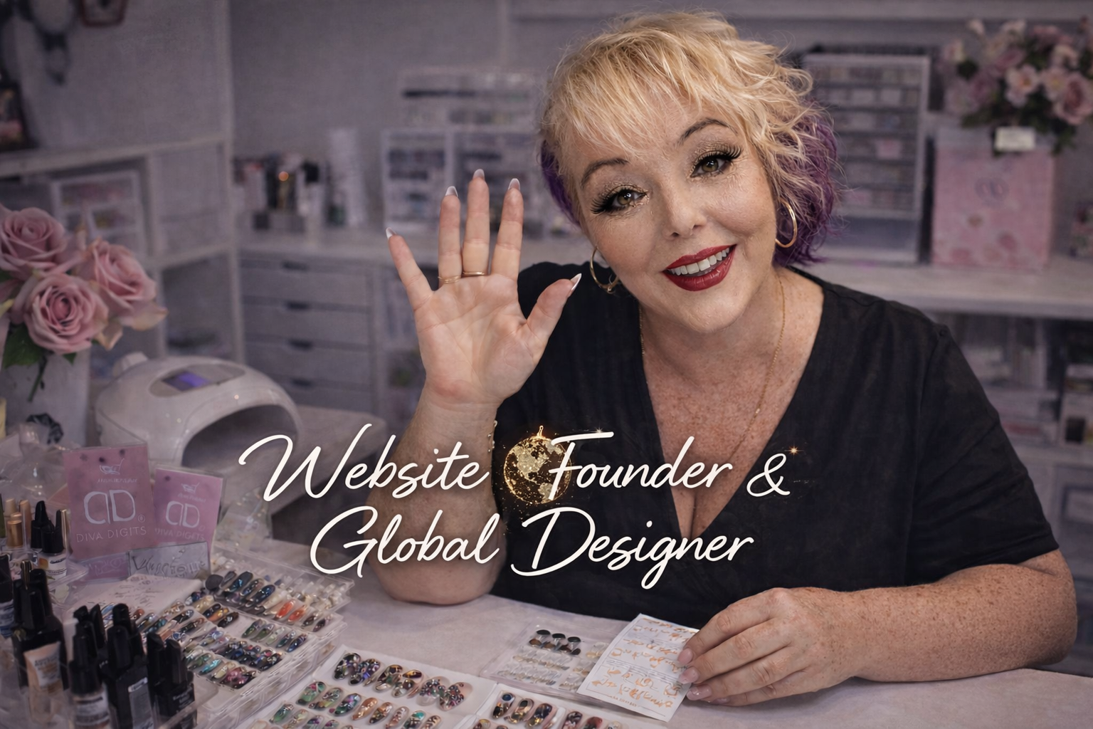 A woman with blonde hair and purple tips, wearing makeup and a black shirt, smiling and waving at the camera with a display of nail polish, false nails, and beauty products on the table in front of her. The background shows organized makeup and nail supplies, pink roses, and decorative storage.